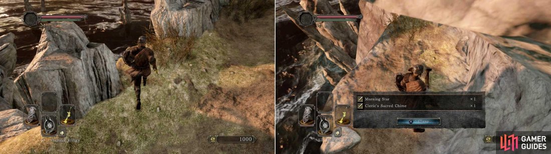 Look for a gap in the rocks, drop down twice and pick up the - very useful - [Morning Star] weapon, [Cleric’s Sacred Chime] and the [Binoculars].