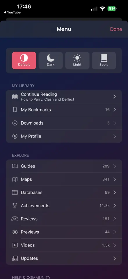 Make the App Your Own: Switch themes and quickly access your guides, downloads and account.