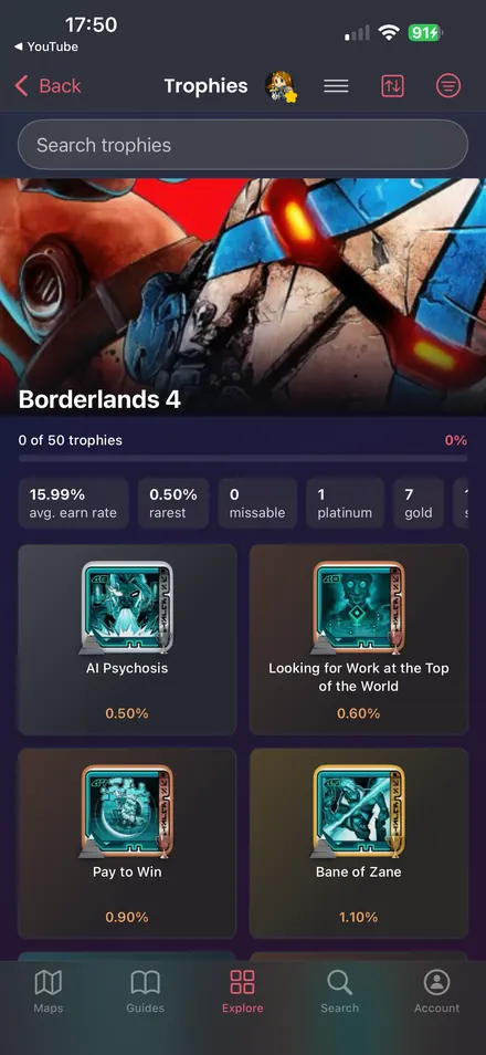 Hunt Down the Rarest Trophies: Browse achievements visually and compare their global earn rates.