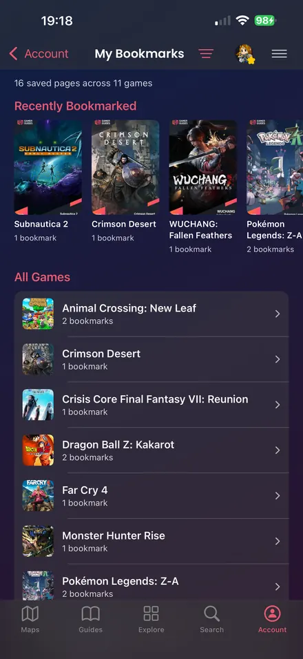 Save Pages for Later: Organize bookmarked pages by game and return to them anytime.