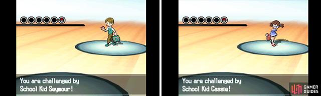 The first school kid will use a Pokemon weak to your starter, while the second has a Pokemon thats strong.