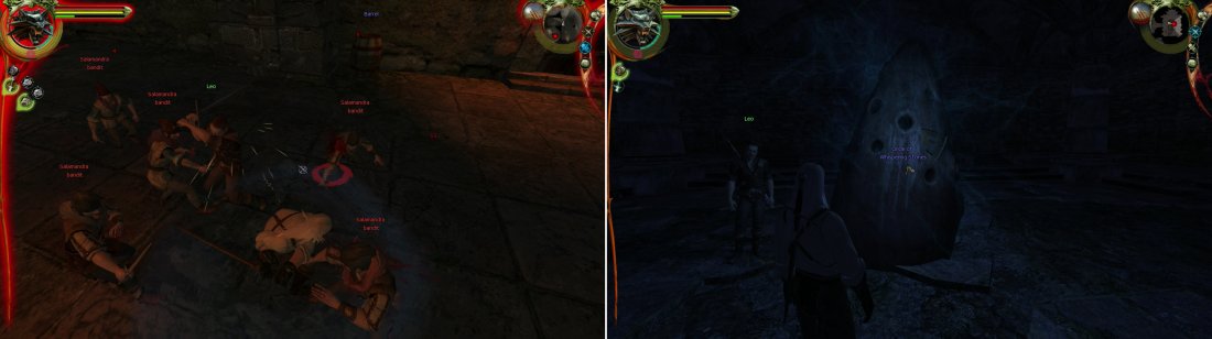 Use the Group Style when youre fighting three or more foes at once, as itll do great damage in these situations (left). Activate the Circle of Whispering Stones to learn the Aard sign (right).