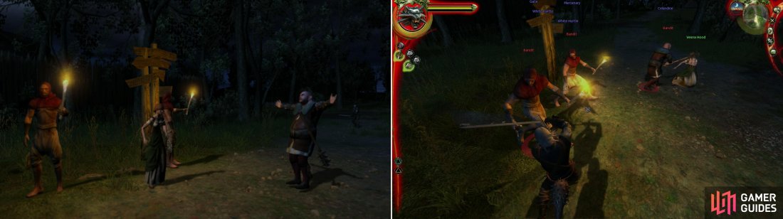 If you wander around at night (after talking to Vesna in the Country Inn) you’ll find that she’s been found by a bit of trouble (left). Teach these jerks not to rape, Witcher-style (right).