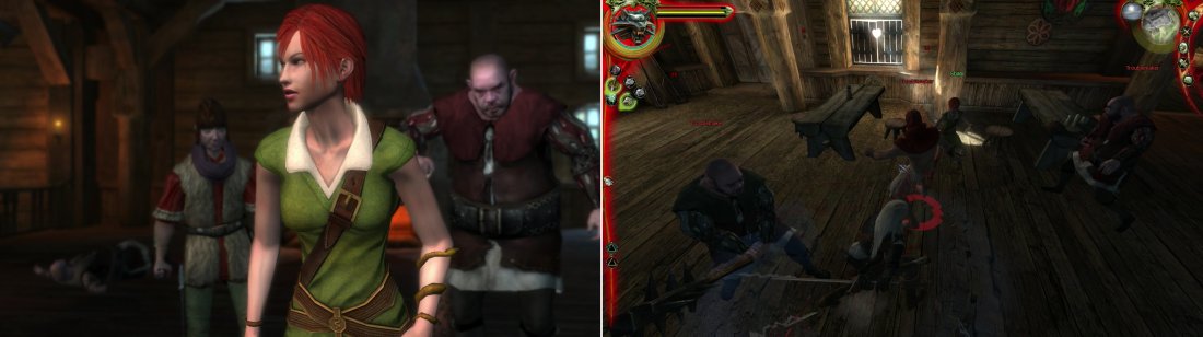 Another day, another woman threatened in the Outskirts (left) to which Geralt has only one response (right).