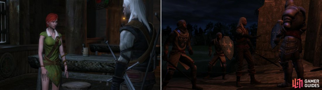 After the battle, return to the Country Inn to escort Shani to Vizima (left), after explaining the whole mess to her. All does not go as planned, however, and Geralt wisely choses to surrender against overwhelming odds (right).
