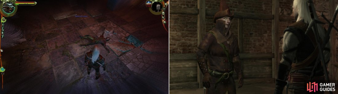 While exploring a crypt in Vizimas Cemetery, youll make a grisly-but not unexpected-discovery (left). A little role-playing with Azar-as-Raymond can prove interesting… and dangerous (right).