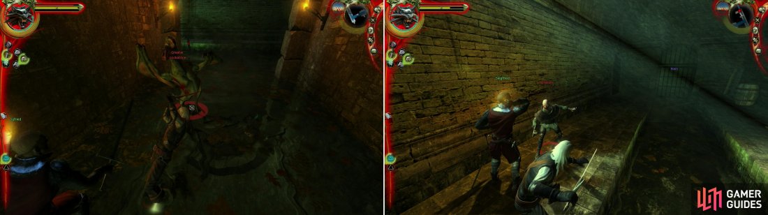Defeat the Cockatrice in the sewers to earn your pardon (left), and survive an ambush by Salamandra Assassins as you attempt to leave the sewers and claim said pardon (right).