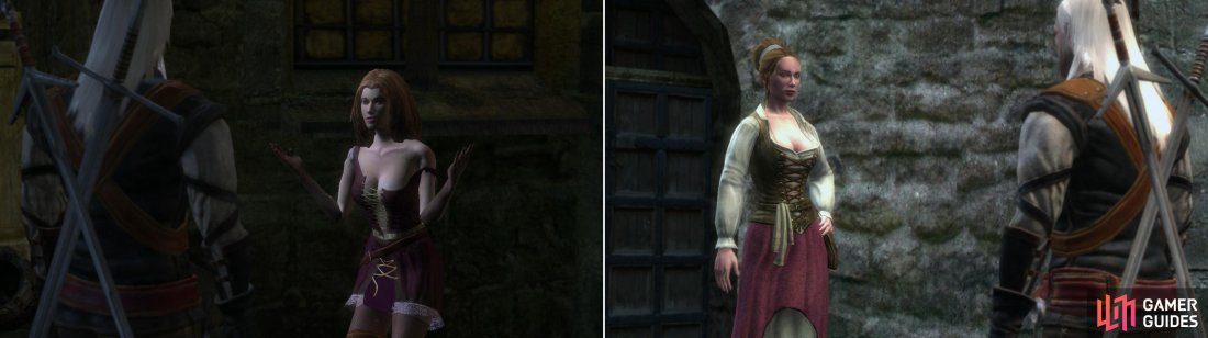 Gossip with Gossip and provide her with some Red Womens Gloves, and shell decide she needs to see more of the White Wolf (left). Carmen, the prostitute, is somewhat more chaste. She has work for you-not Witchers work-but work, nonetheless (right).