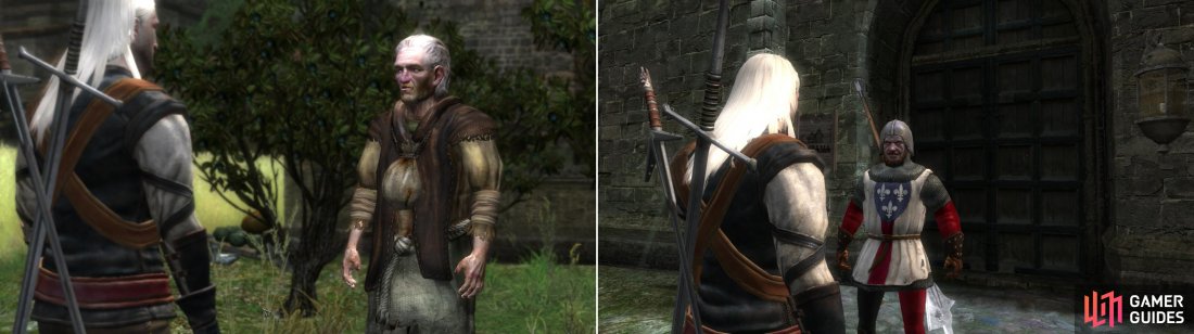 Chat up the Gardener to learn more about your Silve Sword (left), then convince the guard outside the Hospital to allow you to enter (right).