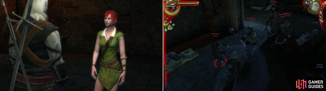 Reunite with your buddy Shani, and give her five Celandine herbs (left). Fight off some of Ramsmeats thugs, who interrupt your attempt to interrogate the captive Salamander (right).