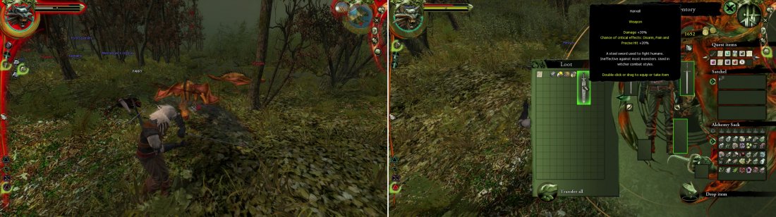 Wyverns are the most dangerous critter youll encounter in this chapter (left). Try to avoid engaging more than two at once, and soften them up with the Igni Sign. Your reward for clearing Wyvern Island is the ability to loot the Messengers Corpse for the sword Harvall (right).