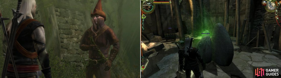 When the trap is set, meet Azar-as-Raymond outside the Mages Tower (left). Once inside, be sure to tap the Gate of Water to learn the Axii Sign (right).