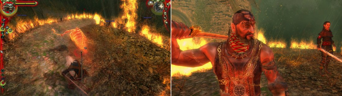 After getting the drop on Azar, hell summon an Ifrit (left). This is merely a delay, however, buying him time until he can create a portal through which the Professor joins the fray (right).