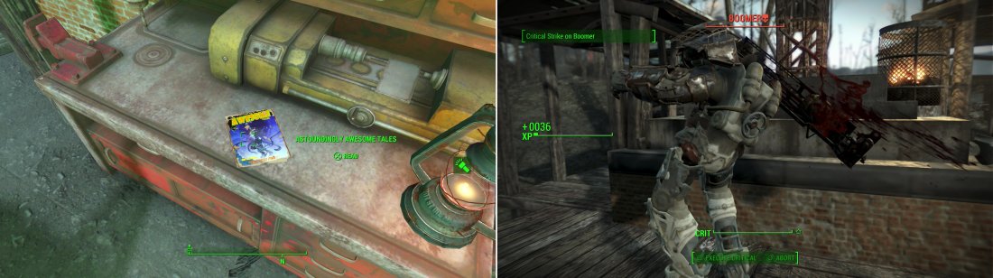 Search the Workshop at Outpost Zimonja for an issue of Astoundingly Amazing Tales (left), but first youll need to deal with the Power Armor-clad, Fat Man-armed Raider named Boomer (right).