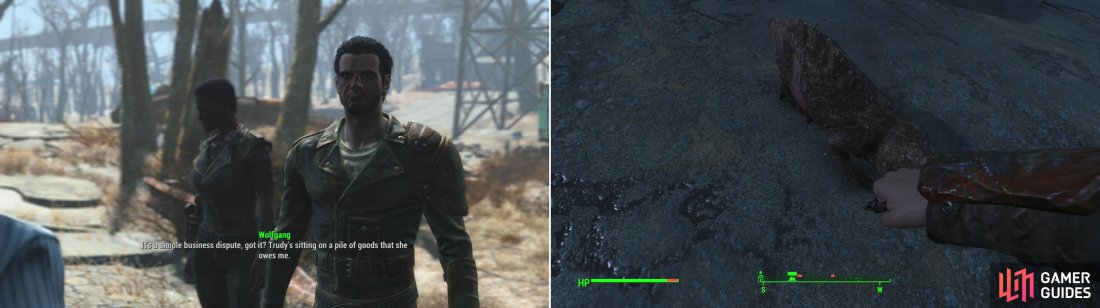 Wolfgang and Trudy are having a dispute, which is on the very of turning violent (left). Kill the Mole Rats infesting the Starlight Drive-In to claim the place as a new settlement (right).
