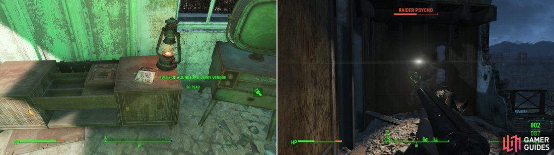 Find a copy of Tales of a Junktown Jerky Vendor in the Mystic Pines building (left). As you explore Lexington, be wary of dangerous Raiders in Power Armor (right).