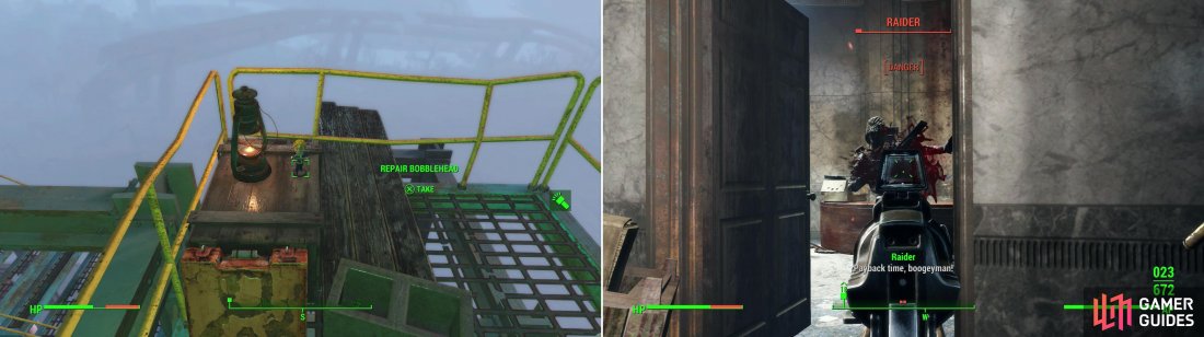 Ascend to the metal walkways above the Corvega Assembly Plant to find the Repair Bobblehead (left). Of course, there’s a horde of Raider around and within you’ll have to deal with to get there (right).