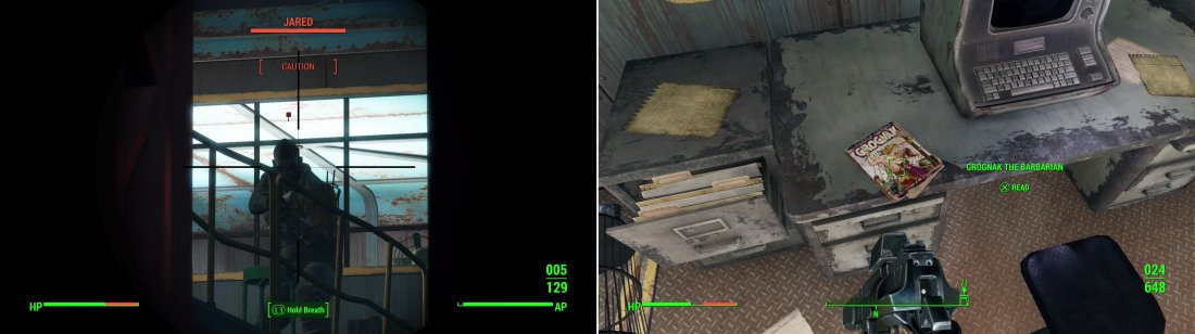 Put a bullet (or several) in the leader of the Corvega Raiders - Jared - to put the good poeple at Tenpines Bluff at east (left). In the offices Jared occupied you’ll find a copy of Grognak the Barbarian (right).