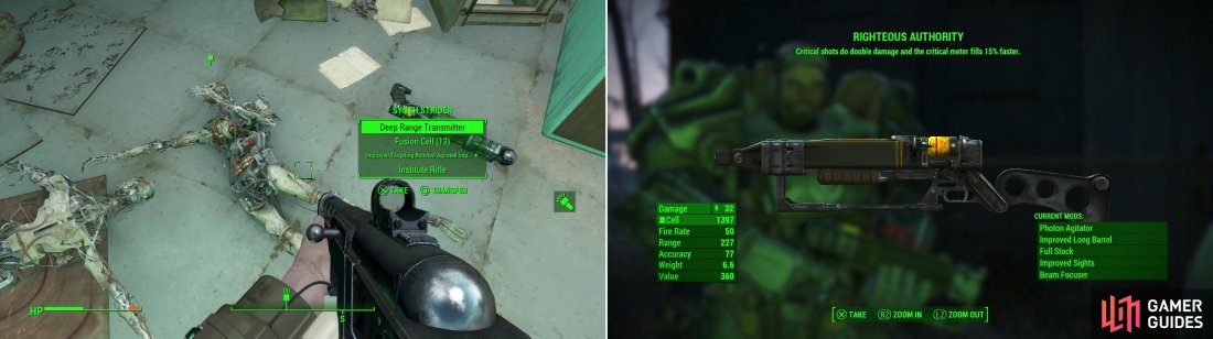 Kill the leader of the Synths to obtain the Deep Range Transmitter (left). After your efforts, Danse will reward you well for your services with the unique Laser Rifle, Righteous Authority (right).