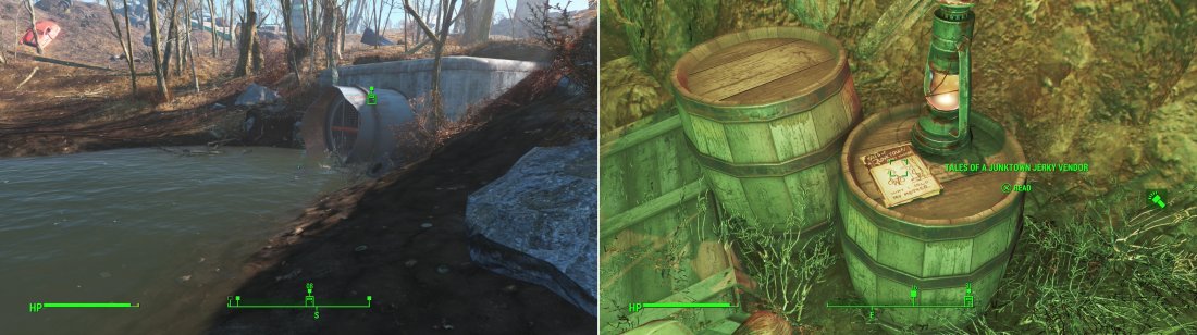 Find a drainage pipe near Walden Pond (left) which leads to a Raider Den. Inside youll find a Tale of a Junktown Jerky Vendor magazine (right).