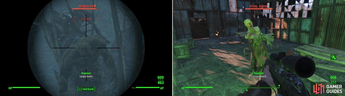 Near Walden Pond you’ll find a Super Mutant Behemoth lurking around (left). Clear Sunset Tidings Co-op to claim the location as a settlement (right).