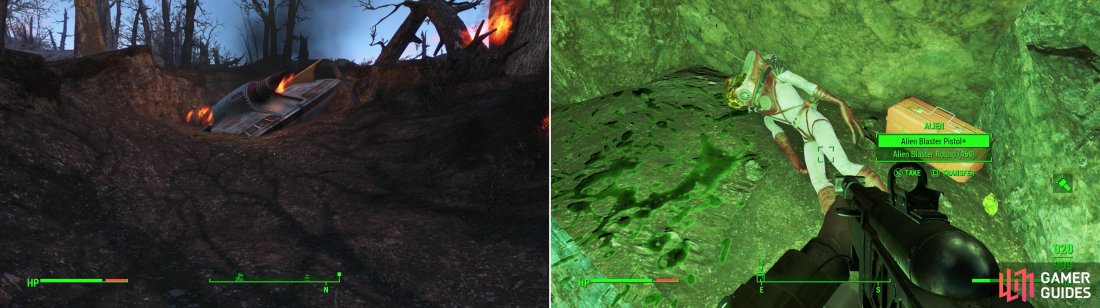 Follow the “Garbled Radio Beacon” to find a crashed alien ship (left) then track some green blood to a nearby cave to find a hostile Alien. Kill it and claim its might Alien Blaster (right).