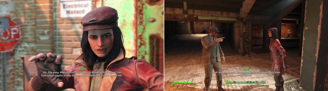 Outside of Diamond City you’ll find Piper, a colorful character who opportunistcally uses you to get back home (left). Shortly thereafter you’ll witness her and the mayor express… a difference in opinion on free speech (right).