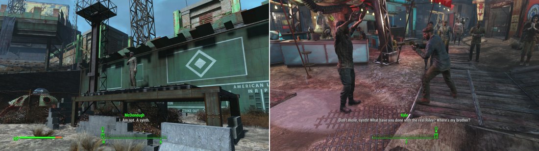 The mayor gives an impassioned speech declaring he’s not a Synth (left) and you’ll witness other unfortunate incidents of Snyth hysteria while you explore Diamond City (right).