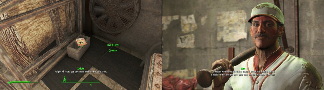 Grab the Live & Love magazine from the Schoolhouse to obtain one of the rare bits of notable loot in Diamond City (left). Moe has some… odd thoughts on how baseball was played. Probably would be a more interesting sport that way, though. (right).