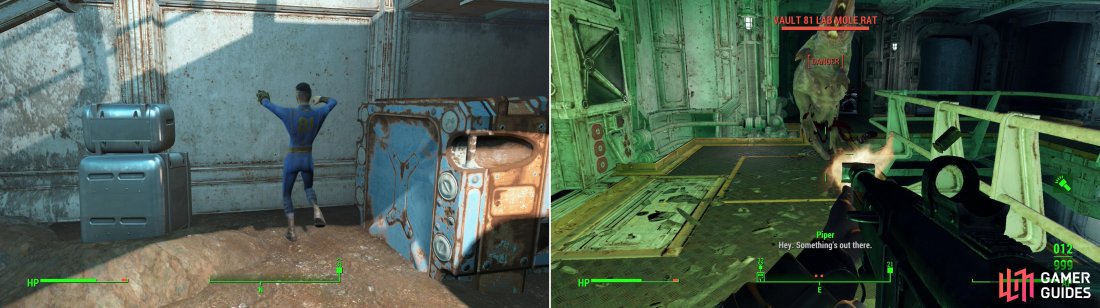 Bobby will perform a magic dance and summon a door to the seal parts of Vault 81 (left). If these diseased Mole Rats bite you, you’ll become infected, suffering a permanent damage to your maximum health (right).
