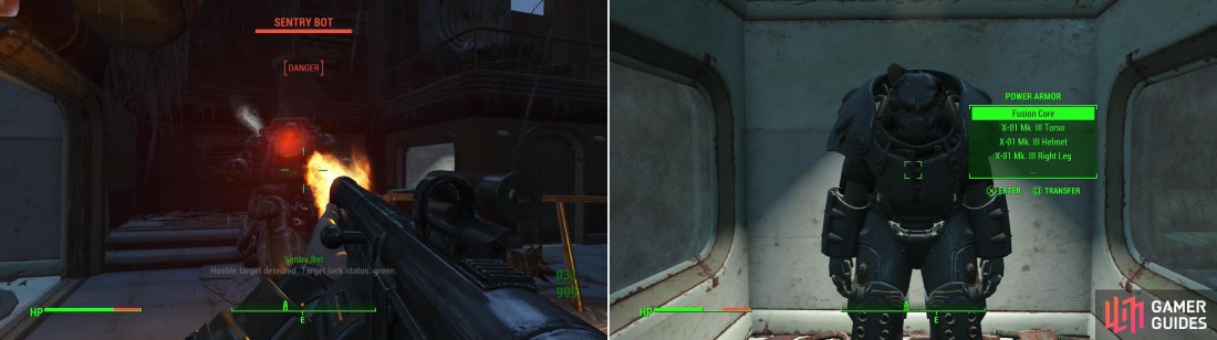 When you arrive on the top (extant) floor of the 35 Court building you’ll be attacked by a Sentry Bot and an Assaultron (left). Defeat them both and you can claim a suit of leveled Power Armor as your prize (right).