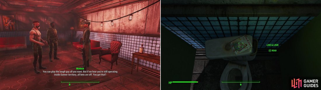 MacCready’s past with the Gunners catches up to him (left). Grab a copy of Live &amp; Love off a toilet in The Third Rail (right).