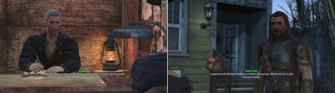 Take the SAFE test to gain entry to Covenant (left). Inside you’ll find Honest Dan, who is looking for clues as to what happened to Old Man Stockton’s caravan (right).