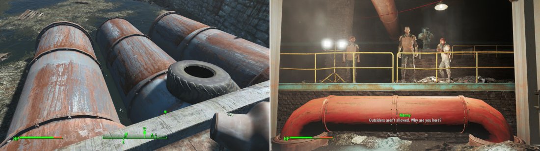 Find several pipes in the river near Mystic Pines, the middle one of which will lead to The Compound (left). Inside, you’ll be stopped by Manny, whom you’ll need to persuade to avoid violence (right).