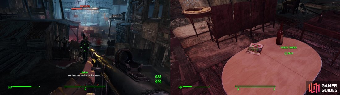Kill the Raiders inside the Combat Zone and make the area live up to its name (left) then search around for an issue of Picket Fences (right).
