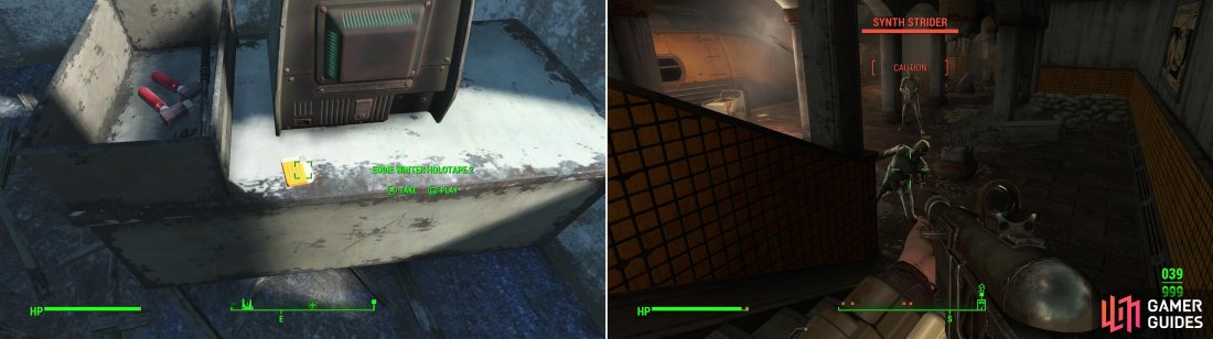 Grab the Eddie Winter Holotape 2 off a desk in the police station (left). In the Malden Center Station you’ll find a squad of Synths fighting the Raiders dwelling here (right).