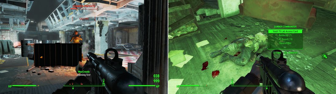 You’ll have to fight your way through a host of Gunners, who have made Vault 95 their stronghold (left). Kill the Gunner Commander in the training yard to obtain his Vault 75 Lab Access Card (right)