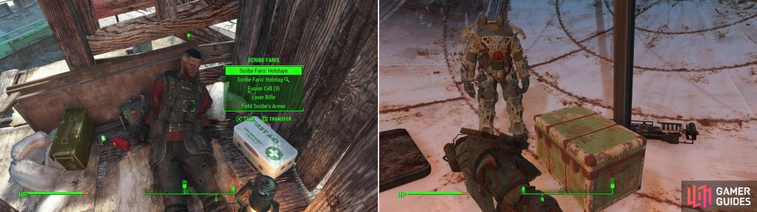 In one of the Super Mutant shacks you’ll find the body of Scribe Faris, who has the last bit of information you need to locate the lost patrol (left). On top of a satellite dish you can also find a Power Armor Frame, a Fat Man and a Steamer Trunk (right). Nice haul!
