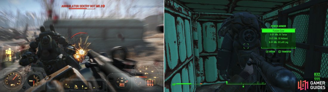 After looting the armory, you’ll be attacked by an awakened Sentry Bot (left). Good thing you just found that Power Armor! Speaking of which, another suit of Power Armor can be found hiding in a shipping crate (right).