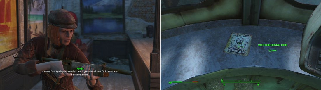 Phyllis is convinced she’s a Synth, and is rather violent in her desire to remain isolated in case she commits more violence. You read that right. (left) Grab an issue of the Wasteland Survival Guide in a structure on the dock (right).