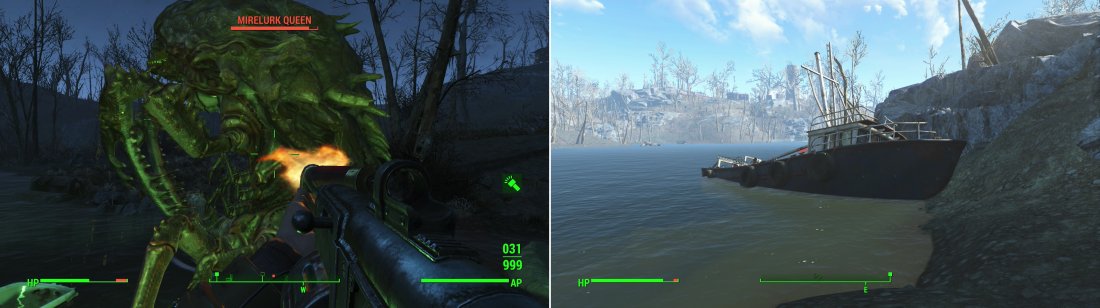 Be wary as you travel near the water, as you may draw the attention of a Mirelurk Queen (left). If you follow the coast east you’ll find the ship from which the “Nautical Signal” emanates (right).