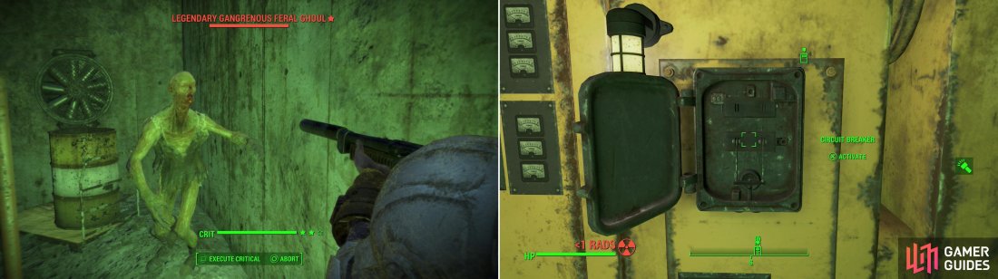 Heavily irradiated, you can of course expect to find Feral Ghouls around the Mass Fusion Containment Shed (left). Find a circuit breaker and turn off the “Automated Radio Alarm” (right).