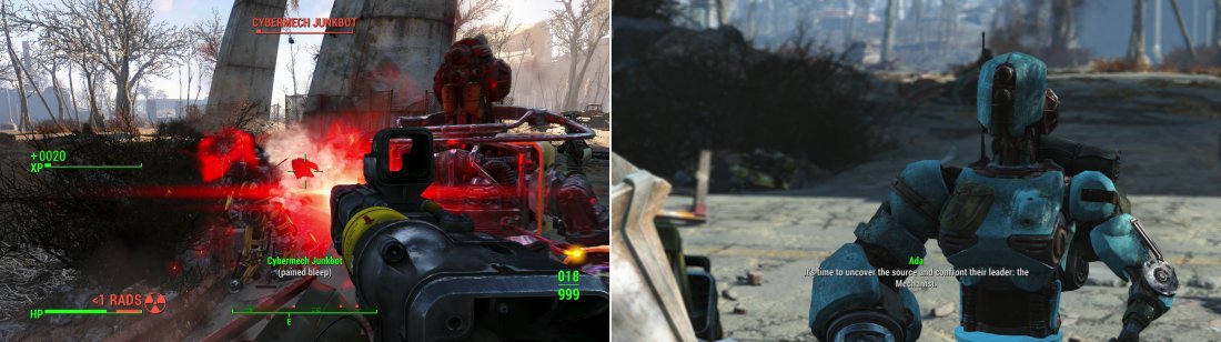 Destroy the hostile robots at the distress beacon (left) then talk to the sole survivor to find out what, exactly, happened (right).
