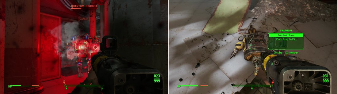 Destroy more Mechanist robots (left) and you may randomly find robot mods on their remains, allowing you to craft more parts at the Robot Workbench (right).