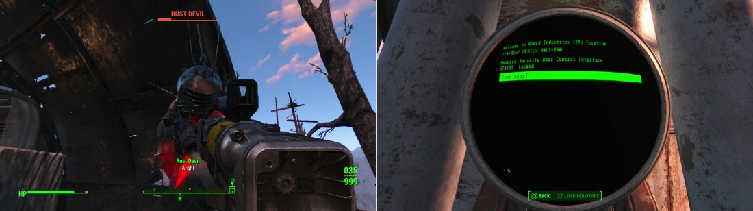 Kill the Rust Devils and their pet robots outside of the Fort Hagen Satellite Array (left) then hack their terminal to gain access to their base (right).