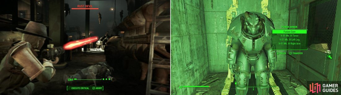 More Rust Devils await you in the depths of their base (left). After fighting amidst ruined tanks, claim a suit of leveled Power Armor from the defeated Rust Devils (right).