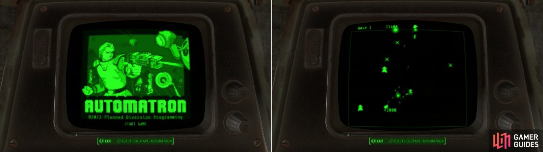 In the Rust Devil Gaming Terminal you’ll find a copy of Automatron! (left) This two-stick shooter is, in many ways, similar to the arcade classic Asteroids (right).