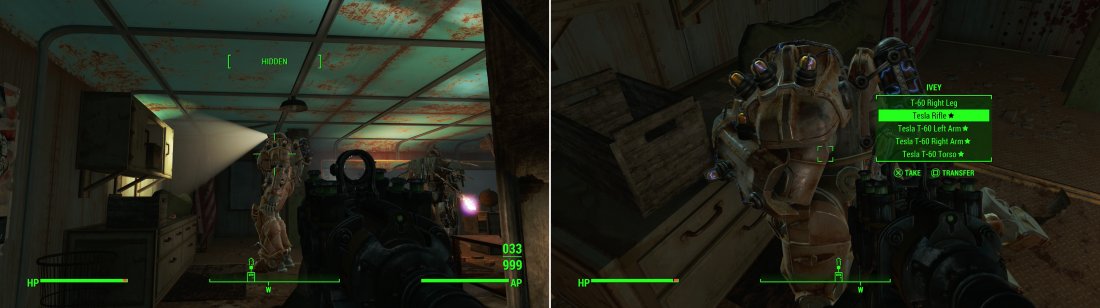 The Power Armor-clad Ivey is the leader of these Rust Devil (left). Defeat her and you can claim her Tesla Rifle and Tesla Armor pieces (right).