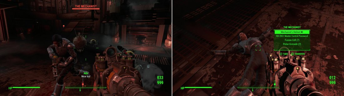 If words won’t suffice, you can bring justice to the Mechanist the good old violent way! (left) Once the Mechanist is dead, you can claim her mantle for yourself (right).