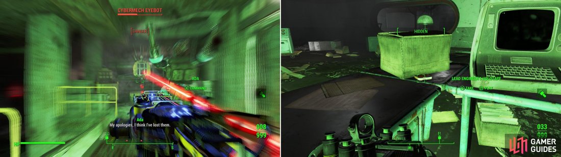 After breaking through the initial defenses of the Mechanist’s lair you’ll be confronted by the Mechanist’s Eyebot, with words, then with lasers! (left) Grabbing the holotapes of important pre-war figures may lead to opportunities later on… (right).
